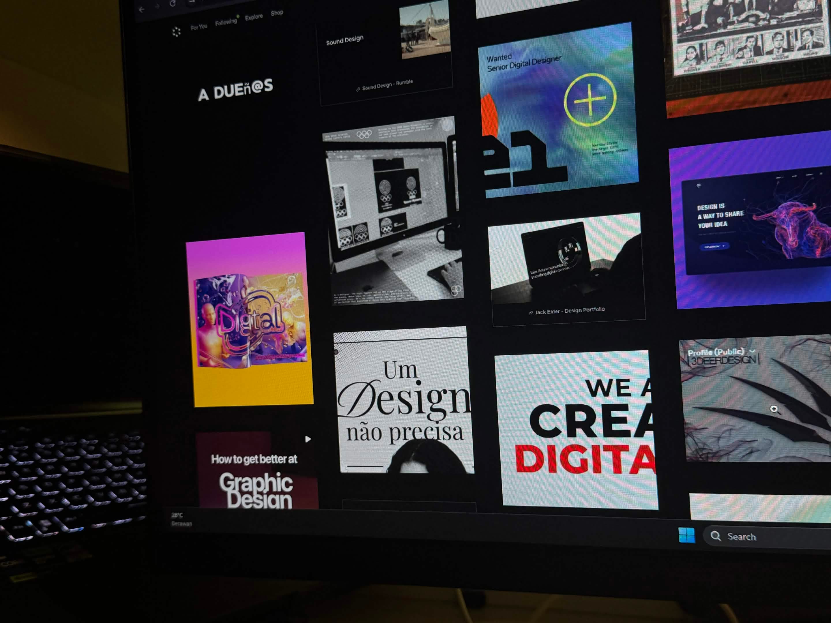 Screen displaying various design projects and portfolio work